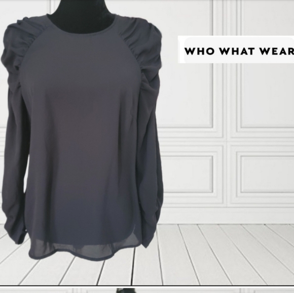 Who What Wear black chiffon style puff pleated long sleeve blouse. Med - Picture 3 of 14